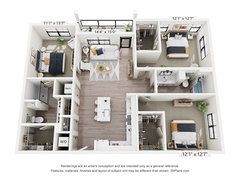 Floor plan for 3 beds, 2 baths, 1397 sqft